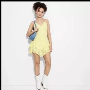 Wild Fable Mini Dress Medium Jrs. Skater Triangle Cup Tiered Lemon Yellow NWT